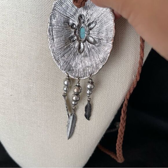 American Western Braided Cord Long Necklace Turquoise - Picture 5 of 9